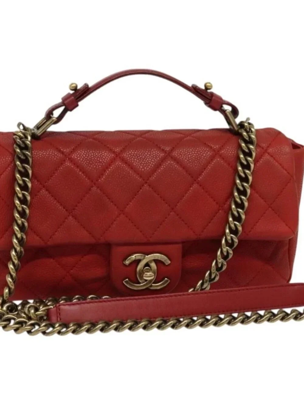 CHANEL Matelasse Chain Shoulder Bag Grained Calf Skin Red CC Auth 127170
